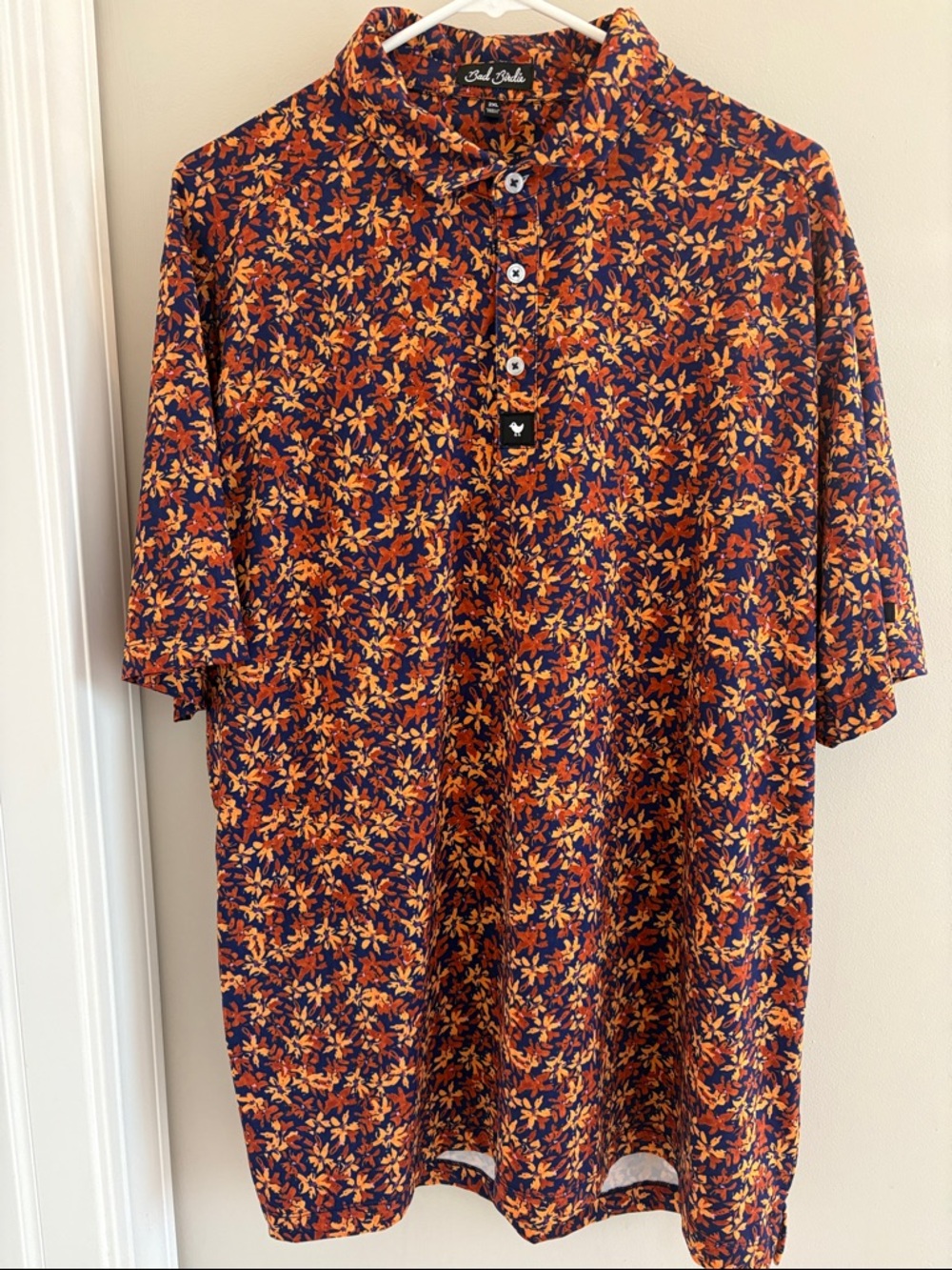 Bad Birdie Navy Polo with Orange Floral Print Size 2XL